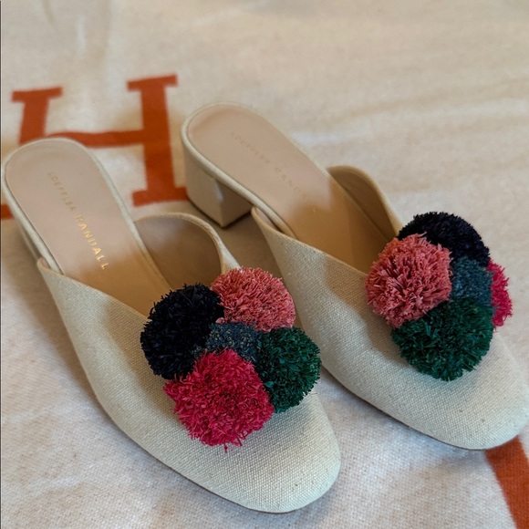 Loeffler Randall Lulu Beige Mules with Colorful Pom Poms - Picture 1 of 8